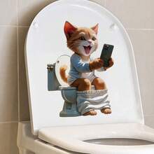 BRUP 1 件可爱动物马桶贴纸，趣味浴室贴纸，儿童适用，自粘可移除墙贴，卡通熊猫猫青蛙浴室装饰，家居浴室墙贴 - 彩色 - 查看 3