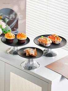 1pc Stainless Steel Round Tray, Metal Tray With Silver Base, Retro Design, Home Decor, Dessert Serving Tray, Party Decoration Platter - Black - View 9