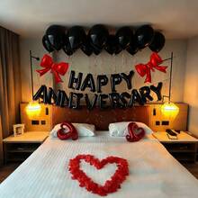Happy Anniversary Decoration Set, Happy Anniversary Banner (Red/Black), Heart Foil Balloon, Bow Tie Balloons, Suitable For Valentine's Day, Anniversary, Engagement, Proposal, Wedding, Romantic Home Decor, Happy Valentine's Day Letter Balloons - Multicolor - View 10