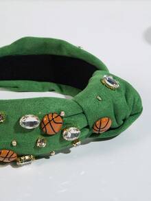 1pc Solid Color Velvet Knotted High Crown Fashionable Sports Style Headband, Handmade Beaded Jeweled Basketball Accessory Decoration Head Accessories - Green - View 3