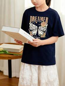 Tween Girls' Casual Pink Graphic Print Crew Neck Short Sleeve T-Shirt, Summer Top - Navy Blue - View 2