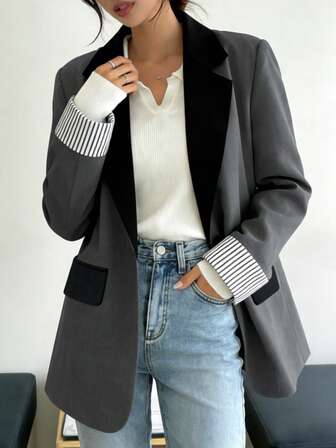 2026 New Spring/Autumn Commuting/Casual/Daily/Versatile Women's Blazer: Crisp Suiting Fabric, Contrast Grey Blazer, Black & White Striped Cuffs + Colorblock Lapel Design, With Pockets, Suitable For Outings