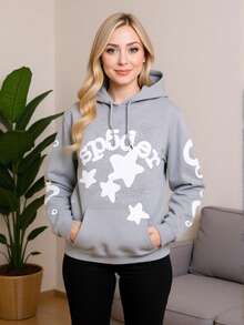 Women's Hip Hop Spider Web Pattern Graphic Alphabet Print Y2k Hoodie - Ngôi sao xám - Xem 2
