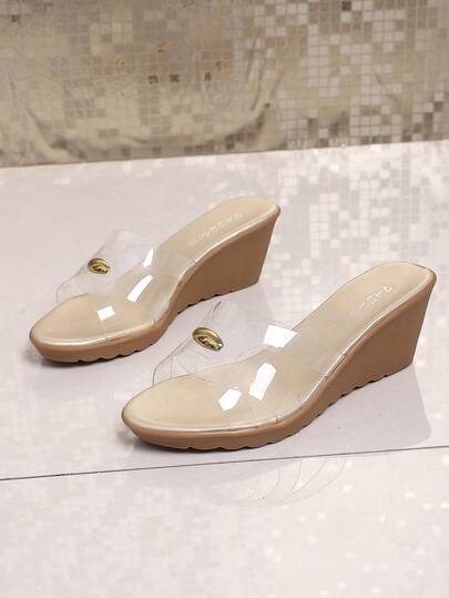 Chunky Platform, Transparent Material, Summer New Metal Buckle Decor Super Chic Slip-On Thick Bottom Sandals, Suitable For Outdoor Wear, Fashionable Beach Slippers