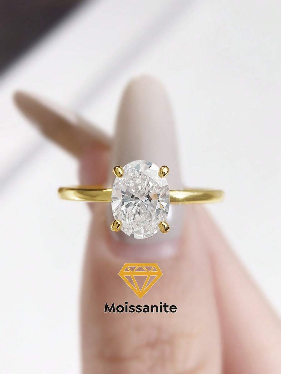 1 chiếc nhẫn cưới Moissanite hình oval bốn chấu lãng mạn 1-2ct, bạc sterling S925, nhẫn đính hôn sang trọng, nhẫn hứa hẹn, nhẫn kỷ niệm, quà tặng trang sức cho nữ, quà Giáng sinh. - Vàng - Xem 1