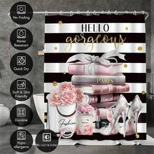 1pc Black & Pink Shower Curtain, Fashionable Black & White Girly Style Shower Curtain, Suitable For Girls And Women, Modern Floral, Perfume, Stripe, High Heel Shoe, Magazine, Book Bathroom Decor, Autumn Decoration, Bathroom Accessories, Back To School - Multicolor - View 3