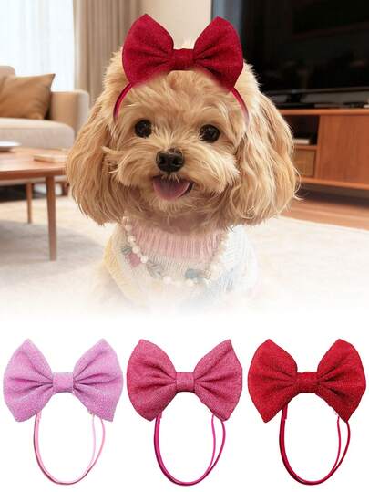 3 piezas Diadema con lazo de tela brillante de color aleatorio para mascotas, lazo ajustable para el cabello con sombrero, suministros de vestir para gatos y perros, esencial para disfrazar a las mascotas en días festivos, imprescindible para que las mascotas se vean adorables, decoración fotográfica muy llamativa, suave y amigable con la piel sin comprometer la cabeza