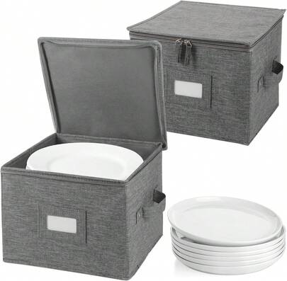 China Storage Containers Hard Shell Inside 10" W X 8" H, Salad Plate Storage Containers For Dishes, Dinnerware With 24 Felt Dividers, Hold 24 Plates, Foldable And Stackable (2 Pack Grey),36918969