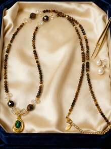 Dây chuyền dài hạt đá tự nhiên Bohemia với mặt dây chuyền đá Malachite, trang sức thủ công dành cho nữ, hạt đá mắt hổ, dây đeo áo len. - Hình vuông - Xem 5