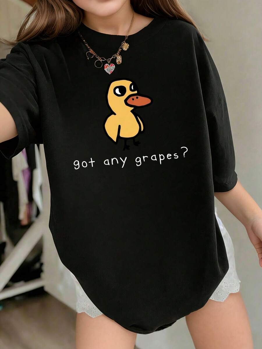 Tween Girls' Round Neck Duck Slogan Print Casual Everyday T-Shirt - Black - View 1