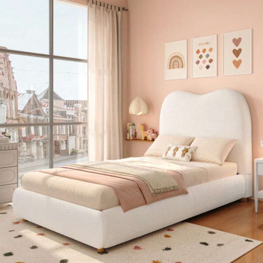 Polsterbett, Einzelbett, Kinderbett 90 X 200cm, Hydraulic Functionsbett, Bett Mit Lattenrost, Kopfteil Und Großem Stauraum, Gepolstertes Kopfteil, Lockig, Beige - Beige - View 1