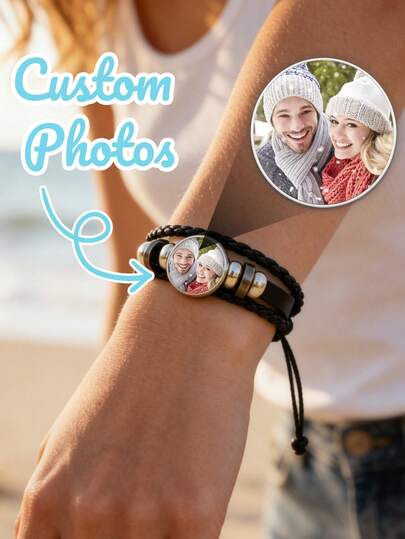 Customized Photo Vintage Glass Faux Leather Braided Bracelet, Personalized Photo Bracelet, Customized Photo Leather Bracelet, Customized Couples Bracelet, Fashionable Street Casual Wear Gift, Adjustable Drawstring Bracelet, Gift For Boyfriend/Girlfriend, Anniversary, Valentine's Day, Birthday