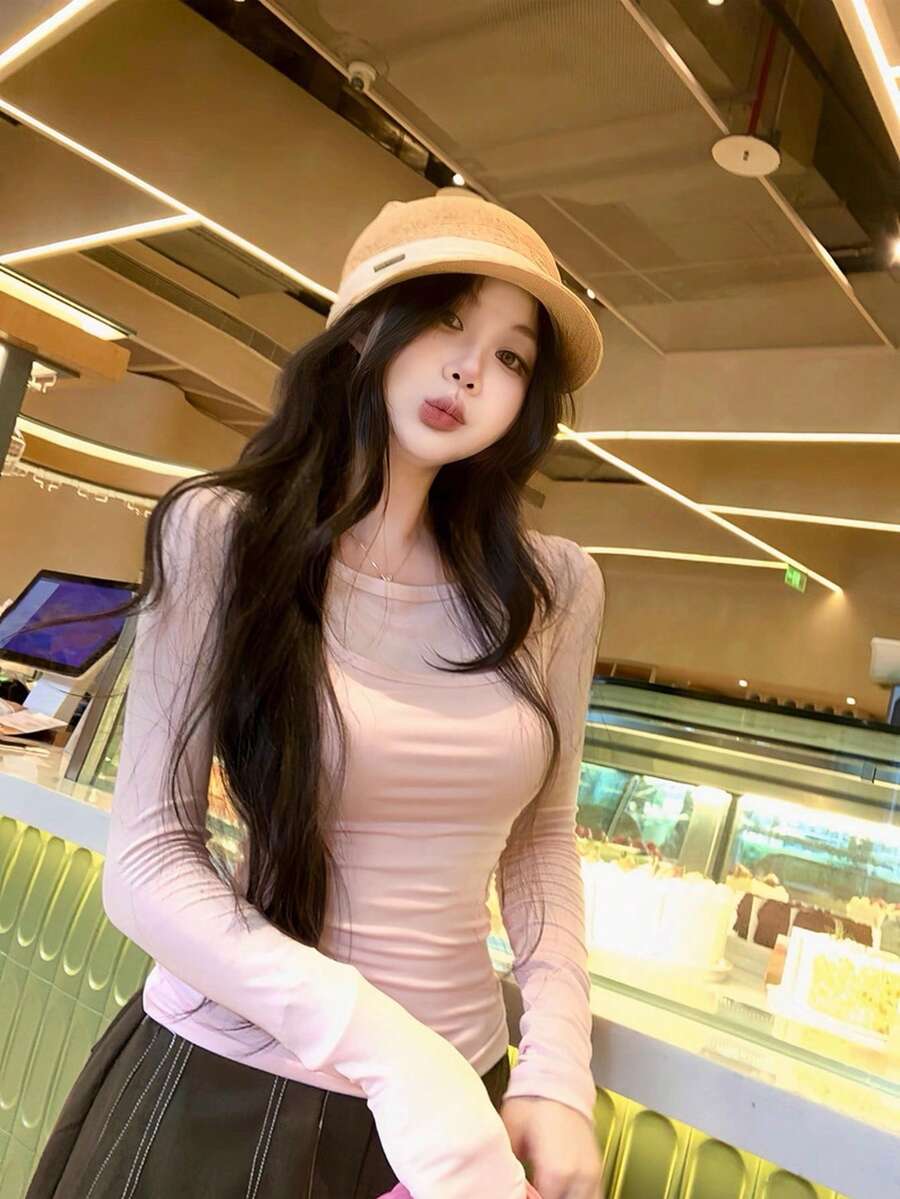 女士二合一长袖T恤，修身打底衫设计，1件装 - 淺粉色 - 查看 1