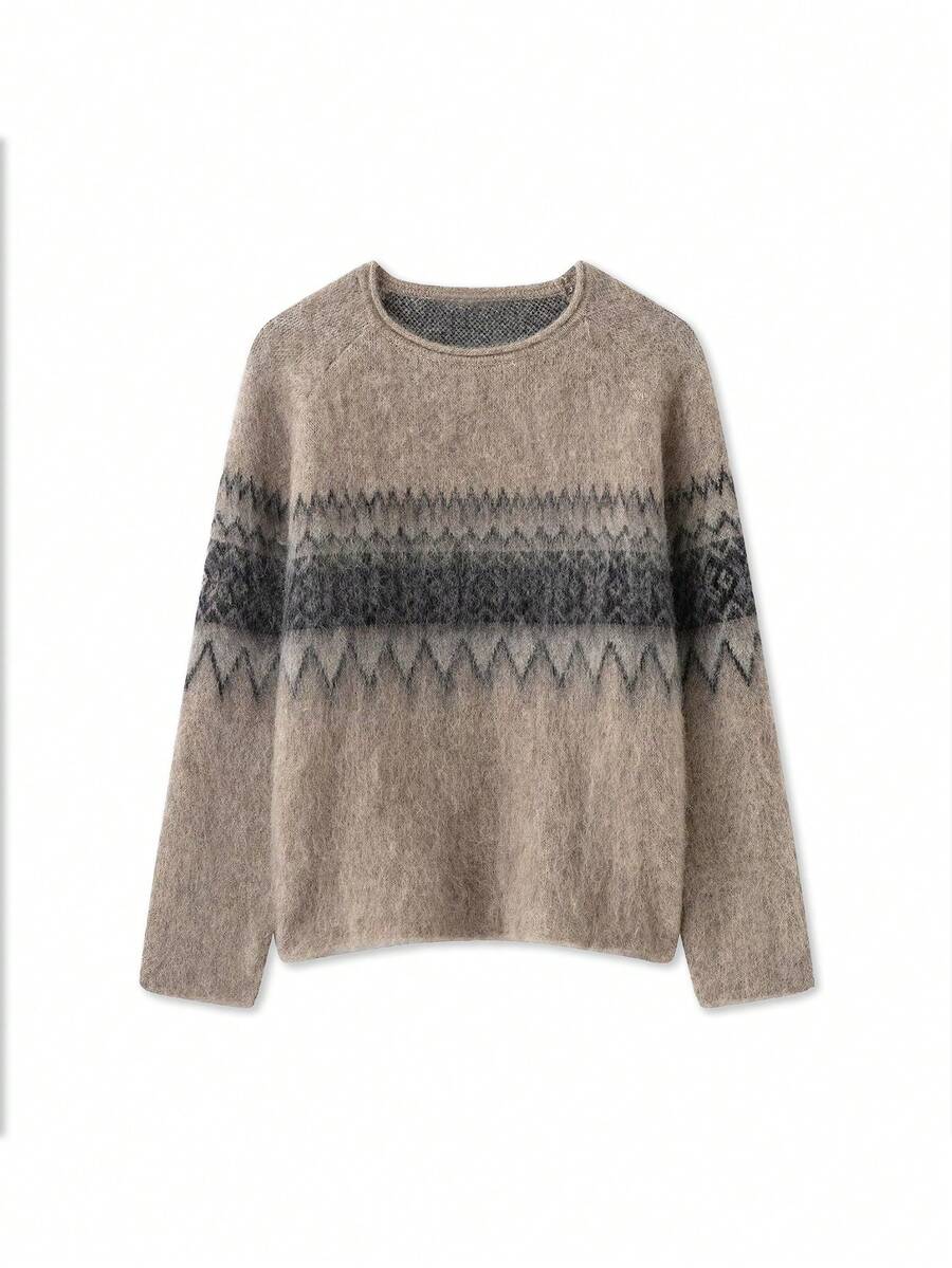 女士春夏时尚圆领长袖提花针织毛衣，做旧效果 - 彩色 - 查看 1