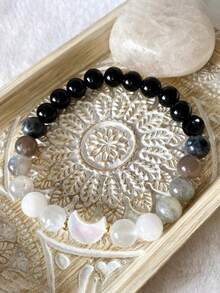 Vòng tay bảo vệ dành cho nữ bằng đá Tourmaline đen, kết hợp với đá Mặt Trăng, Mã não xám và đá Thạch anh trong suốt mài giác, trang sức tâm linh giúp cân bằng, ổn định năng lượng, phù hợp cho cả nam và nữ, quà tặng cho cả nam và nữ. - Nhiều màu - Xem 3
