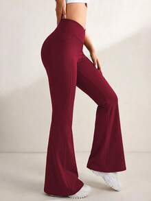 MFVIM Women's High-Waisted Flare Pants, Red, Crossover Waistband Design, Slim Fit, Tummy Control, Breathable & Comfortable, Stretchy & Soft, Pockets, Suitable For Commuting, Outdoor, Running, Cycling, Yoga, Pilates, Gym Workout