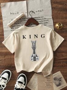 Camiseta de cuello redondo de manga corta con estampado informal para niños preadolescentes, top de verano - Albaricoque - Ver 3