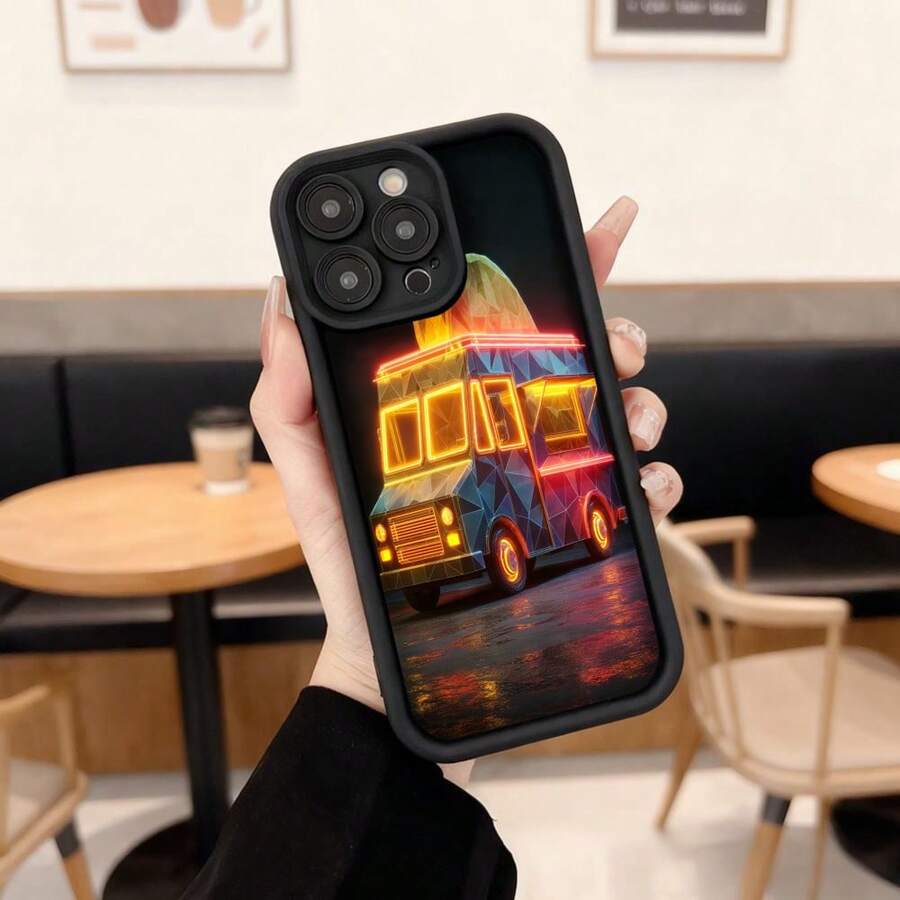 Funda de teléfono con diseño de camión de helados neón negra para iPhone uso diario en cafeterías y salidas urbanas,Aplicable a los teléfonos de la serie Apple y Galaxy - Negro - Ver 1