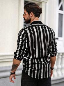 Men's Striped Print Button Front Casual Long Sleeve Shirt - Black and White - View 5