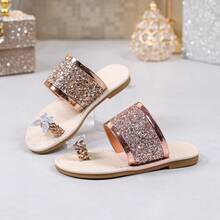1 Pair Rose Gold Glitter Toe-Ring Flat Slippers, PU Material With Rhinestone Butterfly Decor, Suitable For Girls Aged 3-15 For Outings, Gatherings And Daily Wear, 2026 Spring/Summer Fashion - Rose Gold - View 4