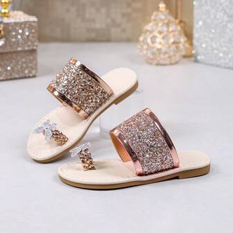 1 Pair Rose Gold Glitter Thong Sandals, PU Material With Rhinestone Butterfly Decor, Fashionable Flat Slides Suitable For Girls Aged 3-15 For Outings, Gatherings, And Casual Wear, Spring/Summer 2026 Style
