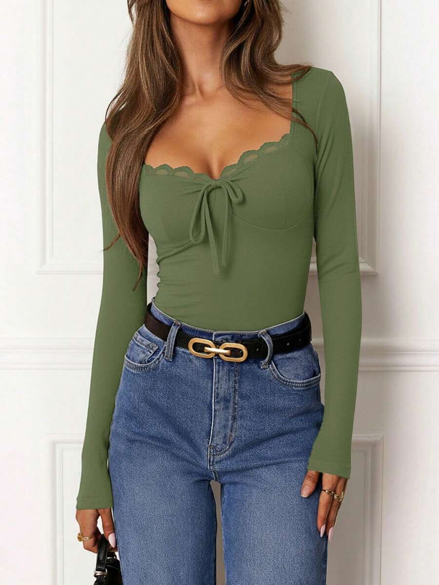 Women's Elegant Knit Square Neck Long Sleeve Top, Regular Length, Front Tie Detail, Medium Stretch Fabric Ruffle Collar Blouse Spring - Olive Green - View 1