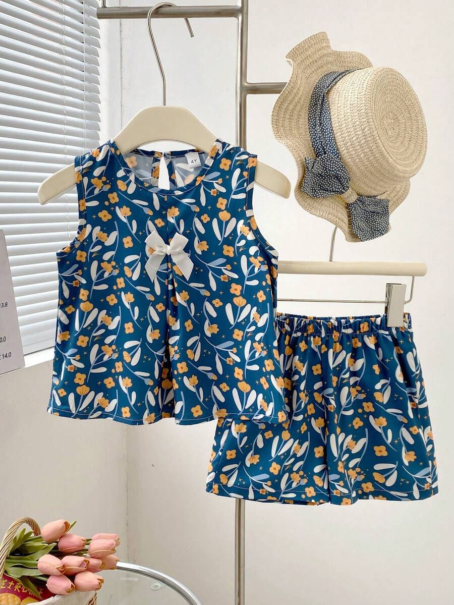 2 pezzi/Set Top a canotta con stampa floreale e pantaloncini casual alla moda per ragazze, estivo - Blu reale - Visualizzare 1