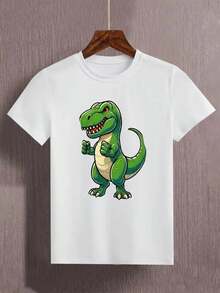 Camiseta verde de manga corta para niño con estampado de dinosaurio - Camiseta ligera y transpirable con diseño de dinosaurio, perfecta para el verano, ropa con temática de dinosaurios. - Blanco - Ver 1