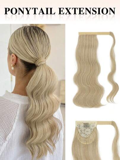 nimoki 18 Inch Heat Resistant Wavy Synthetic Fiber Ponytail Hair Extensions, Everyday Wear, Golden