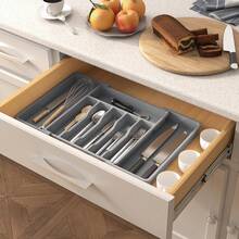 Drawer Organizer, Expandable Cutlery Tray Holder, Adjustable Tray, Organize Kitchen Silverware, Cutlery, Knives And Spoons With Labels, For Messy Kitchen, Bedroom Or Living Room Drawers - 灰色 - 查看 8