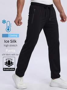 Men's Solid Color Lightweight Elastic Sports Pants, Zipper Pockets, Suitable For Fitness, Exercise, Running, Summer - Black - View 1