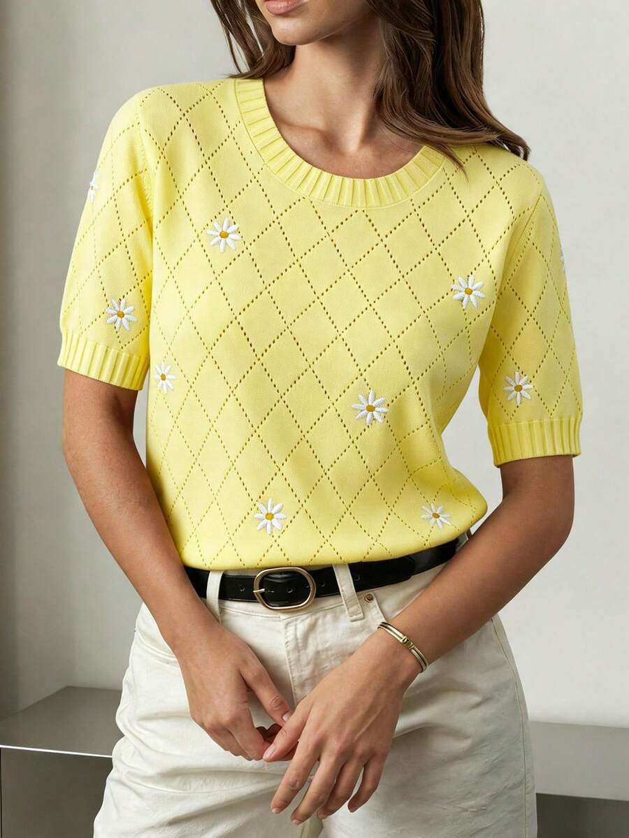 GIGOGOU Women's Fashion Embroidered Short Sleeve T-Shirt, Breathable Embroidered Knit T-Shirt - Yellow - View 1