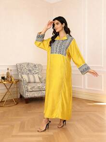2026 New Style Ramadan Traditional Elegant Embroidered Abaya Dress With Collar, Fashionable And Graceful - Yellow - View 6