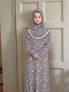 少女、十幾歲和兒童適用的粉色花卉印花頭巾,適合日常穿著和家庭使用,花瓣和小花圖案設計,彈性、舒適的寬腳和加長的下擺 - 玫紅色 - 查看 33