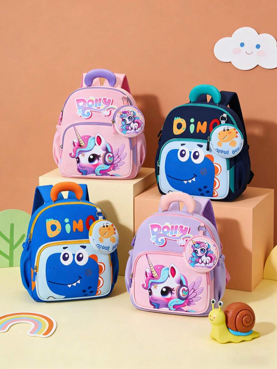 One Piece Of Zippered, Color-Block Cartoon Dinosaur/Unicorn Backpack With A Small Attached Pouch, Featuring Comfortable And Adjustable Shoulder Straps. It Meets Basic Storage Needs, Holding Items Such As Tissues, Keys, And A Coin Purse. Suitable For Teenagers, And Ideal For Outings, Commuting, Short Trips, And Everyday Use. A Perfect Holiday Gift.