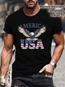 Camiseta de algodón con estampado de águila patriótica y bandera de EE. UU. para hombres - Cuello redondo premium, manga corta, ropa de calle, camiseta casual de verano transpirable, lavable a máquina, ajuste regular, ropa de estilo urbano, camiseta gráfica llamativa, tela duradera, camiseta cómoda - Negro - Ver 3