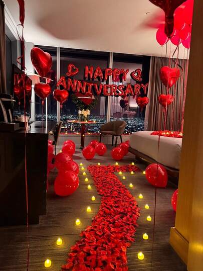 Happy Anniversary Decoration Set, Happy Anniversary Banner, ILOVEYOU Foil Banner Balloon, Red Heart Foil, Red Latex, Heart Shaped Foil Balloon, Bow Balloon, Suitable For Valentine's Day, Anniversary, Engagement, Proposal, Wedding, Romantic Home Decor