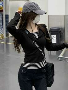 Striped Contrast Button 2 In 1/Deconstructed Office Casual Long Sleeve Women T-Shirt, Spring/Autumn - Black - View 9