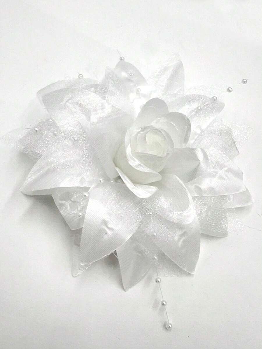 1 Duckbill Hair Clip With Flower In Various Colors, Made Of Organza Fabric And Plain Petals - A Beautiful Flower For Hair Accessory. - 白色 - 查看 1