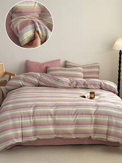 Pink Striped Pattern 4-Piece Bedding Set (1 Duvet Cover, 1 Flat Sheet, 2 Pillowcases), Minimalist Style Without Filling, Soft & Comfortable Bedroom Bedding Set, Suitable For Bedroom, Dorm, Home, Multiple Sizes Available, All Season