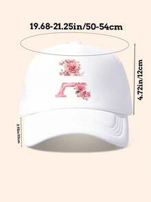 1pc White & Pink Rose Embellished Letter Design Trucker Hat, Customizable 26 Letter Text, Name, Birthday, Fashion Breathable Hollow Sunshade Baseball Cap, Suitable Gift For Friends & Kids, Spring/Summer - White - View 4