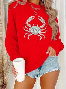 Women's Crab Print Sweatshirt With White Crab-Shaped Bead Design - Slim Fit Long Sleeve Round Neck Sweater, Machine Washable Crab Pattern Sweater, Suitable For Autumn And Winter Seasons, Crab Theme Party Outfit (Casual Crab Outfit) - Brown Crab Sweater, Women's Sweater, Women's Autumn Clothing, Halloween Sweater, Ugly Christmas Sweater, Women's Christmas Sweater, Women's Ugly Christmas Sweater, Christmas Sweater, Women's Autumn Clothing, Women's Long Sleeve Top, Women's Christmas Sweatshirt, Women's Autumn Sweater, Women's Sweater, Autumn Sweater, Halloween Sweater, Women's Sweater And Pullover, Women's Sweater - New Crew Neck Sweatshirt 2026 - 紅色 - 查看 13