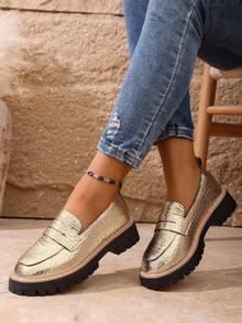 女士时尚厚底坡跟乐福鞋 - 金色 - 查看 3