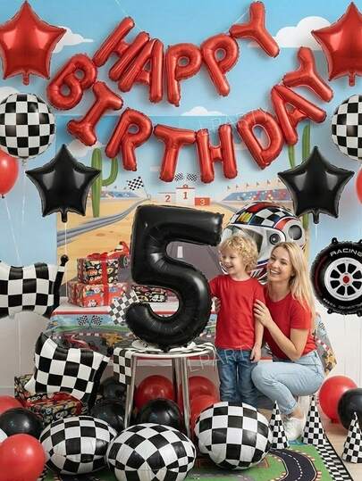41pcs/Set Racing Motorcycle Theme Birthday Party Decorations, 16" Red/Black "Happy Birthday" Letter Foil Balloon Banner, 32" Red/Black 0-9 Number Birthday Decor Balloons, Motorcycle/Racing Flag/Tire/Checkered Pattern Foil Balloons, Red And Black Star Balloons, 10" Red/Black/White Latex Balloons, For Birthday Party Decorations