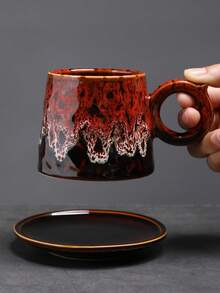 1pc/1pc/2pcs Ceramic Latte Mug Set With Saucer, 200ml Capacity, High-End Crackle Glaze Finish, Stylish Couple/Individual Coffee/Milk Mugs, Creative Latte Art, Office/Breakfast Cup With Saucer