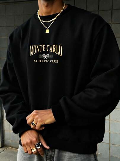 (250g  Men's Round Neck Sweatshirt) Monte Carlo Sports Club Pattern Printed Casual Pullover With Street Style, Suitable For Outdoor Wear In Autumn And Winter
