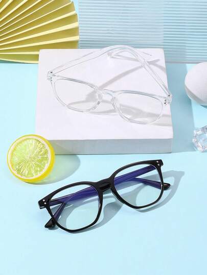 1 bộ 2 chiếc kính gọng vuông bằng polycarbonate màu đen dành cho bé trai và bé gái 9-12 tuổi; Kính chống ánh sáng xanh trong suốt dùng cho công việc văn phòng, học tập, đọc sách. Có hộp đựng kính.