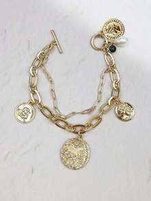 1pc Double-Layer Green Crystal & Waterdrop Pearl Decor Chain Bracelet, Suitable For Daily Wear - Multicolor - View 8