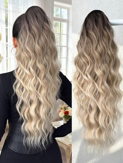 Kloformad hästsvansförlängning hårtillbehör tonad brun 24 tum vattenripplig värmebeständig fiber syntetisk hästsvansperuk, lämplig för kvinnors jul, halloween, musikfestivaler, fester och daglig användning