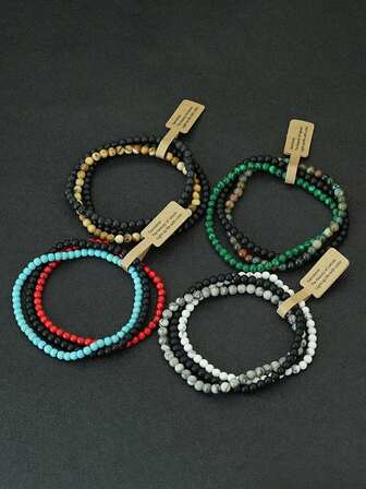 3 Pcs/Set 4mm Stone Beads Bracelet For Men Armband Couple Jewelry Men